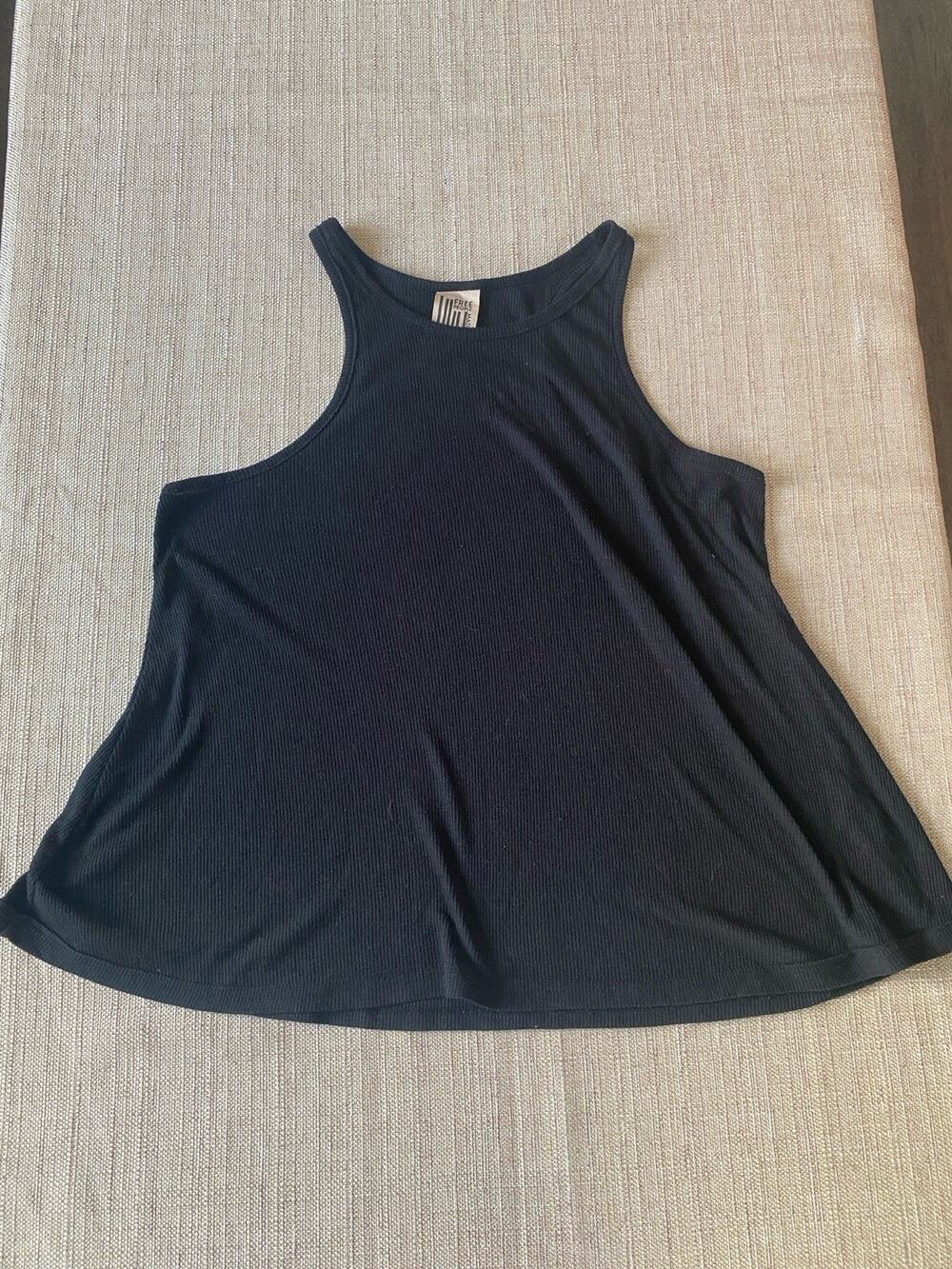 Free People Large Black Ribbed High Neck Tank Top Made in USA Crop A-Line Flare